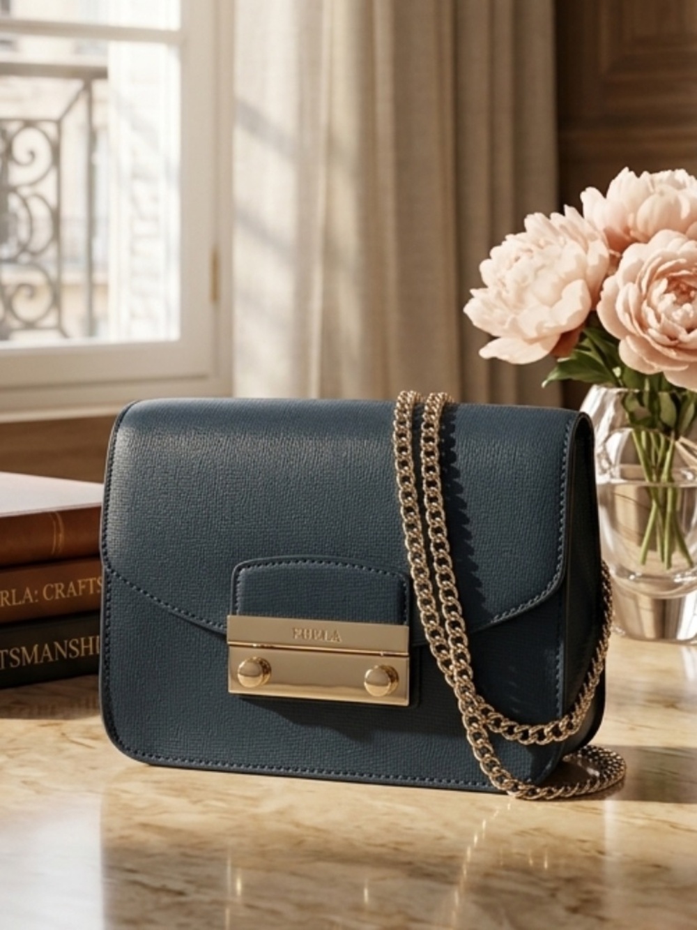 Furla Petroleum Mini Julia with Gold Chain Strap Crossbody Bag